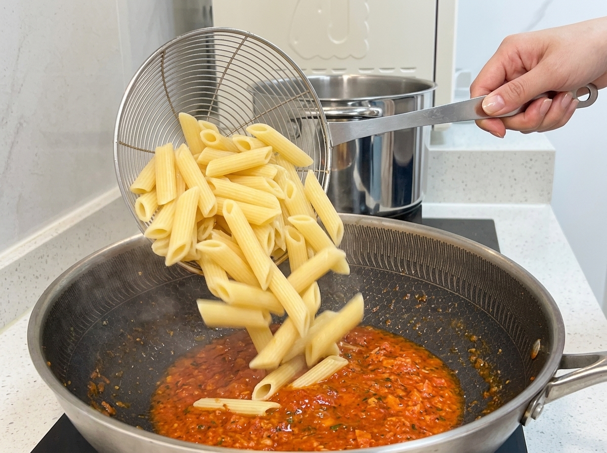 Cooked penne pasta being transferred from a strainer into a pan of tomato sauce.