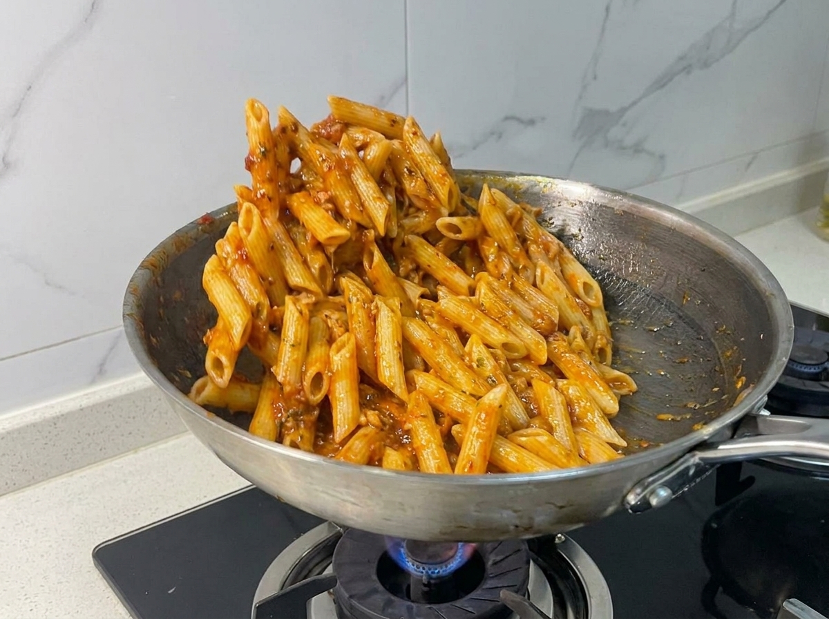 Penne pasta being tossed in a pan to coat it with tomato and tuna sauce.