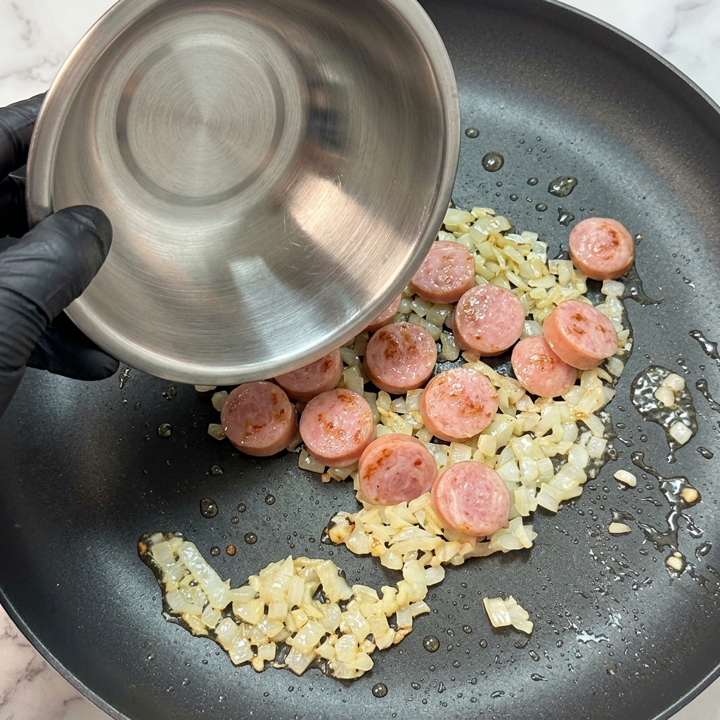 Sliced sausages being poured from a metal bowl into a pan containing sautéed aromatics.