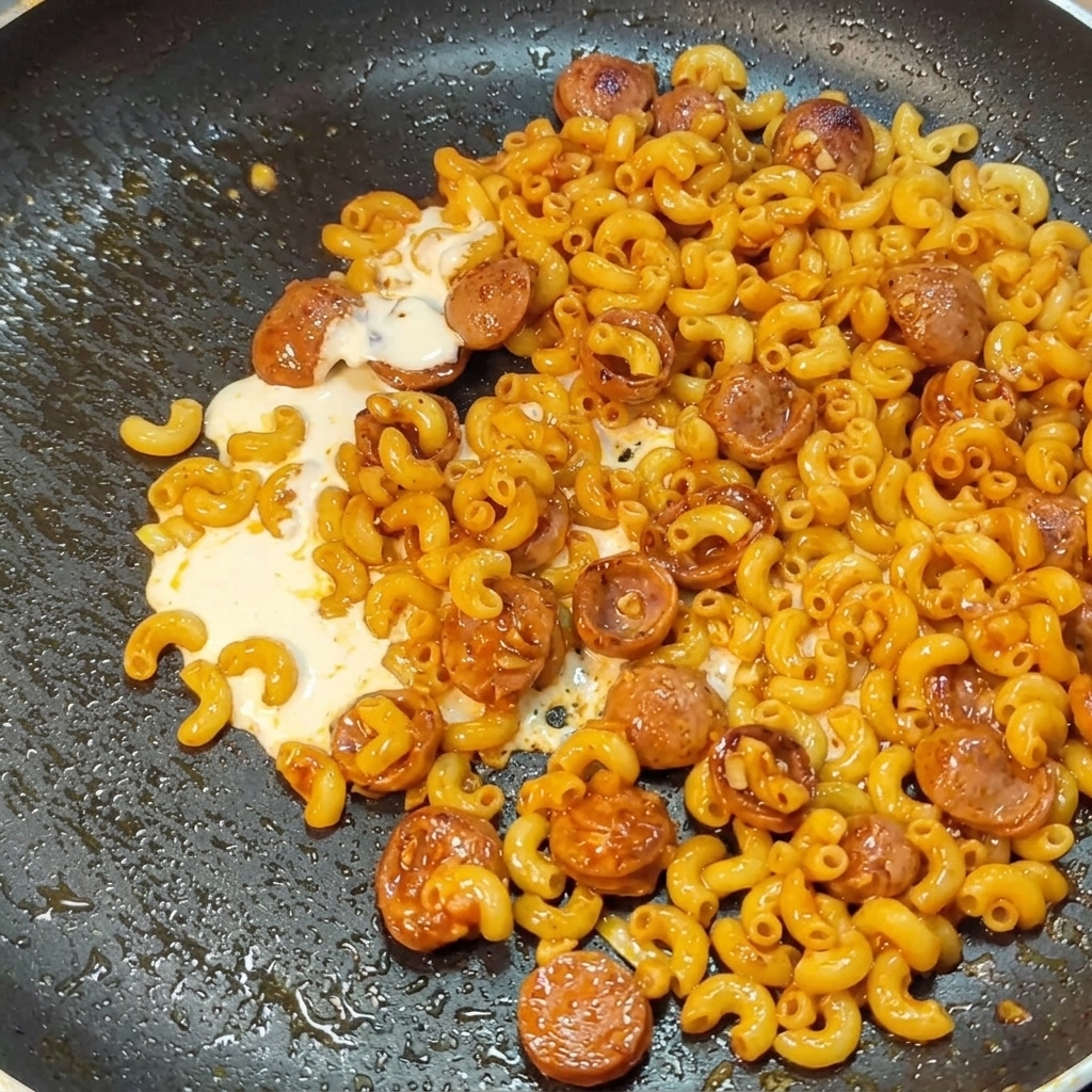 Heavy cream being poured into a pan filled with macaroni and sliced sausages.