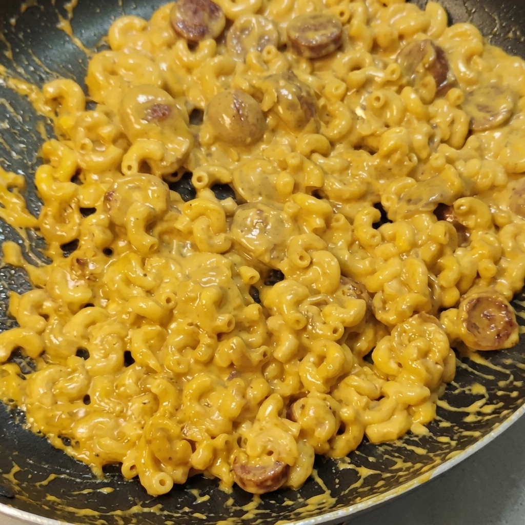 Creamy macaroni and sausage mixture being stirred in a pan as the sauce thickens.