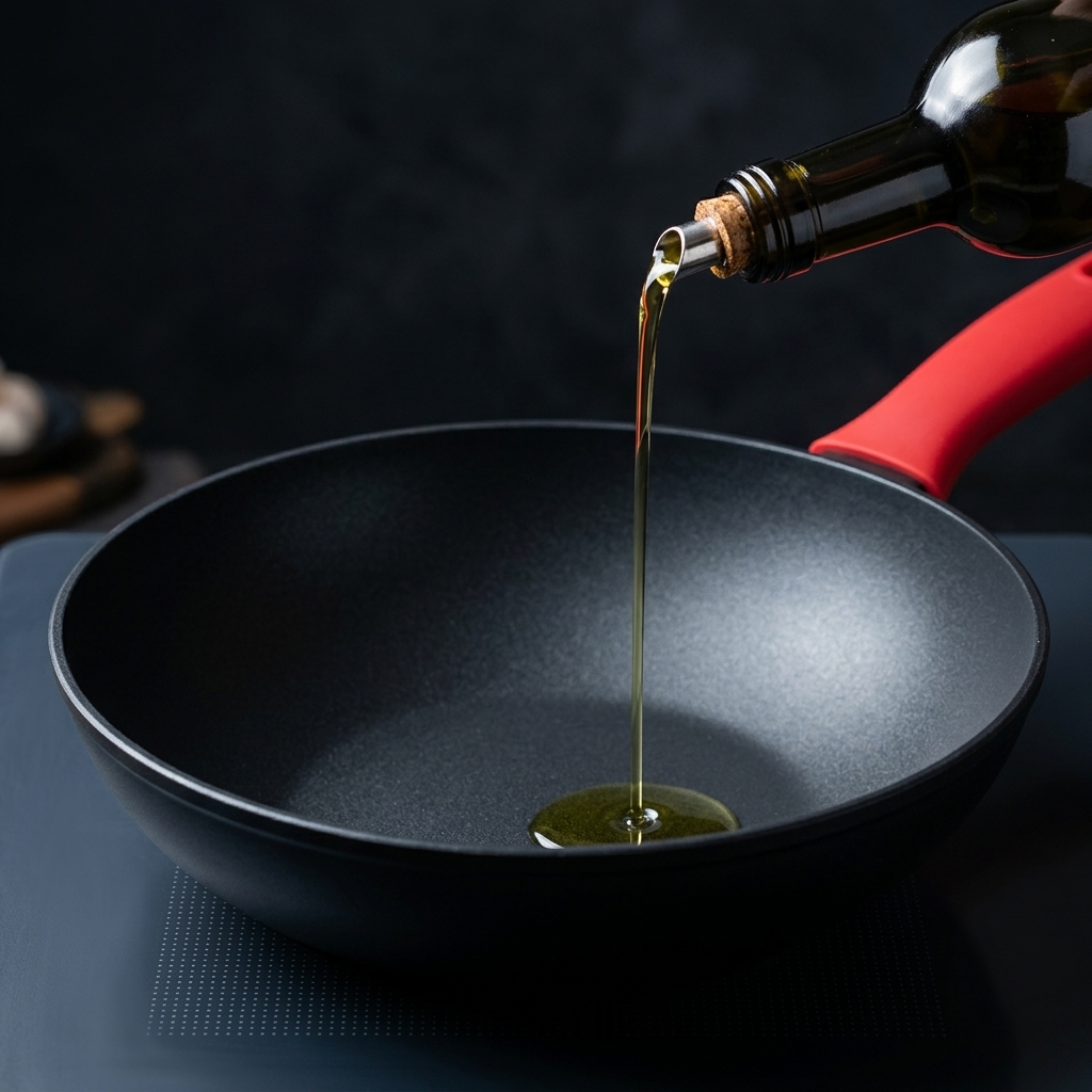 Olive oil being poured into an empty preheated pan.