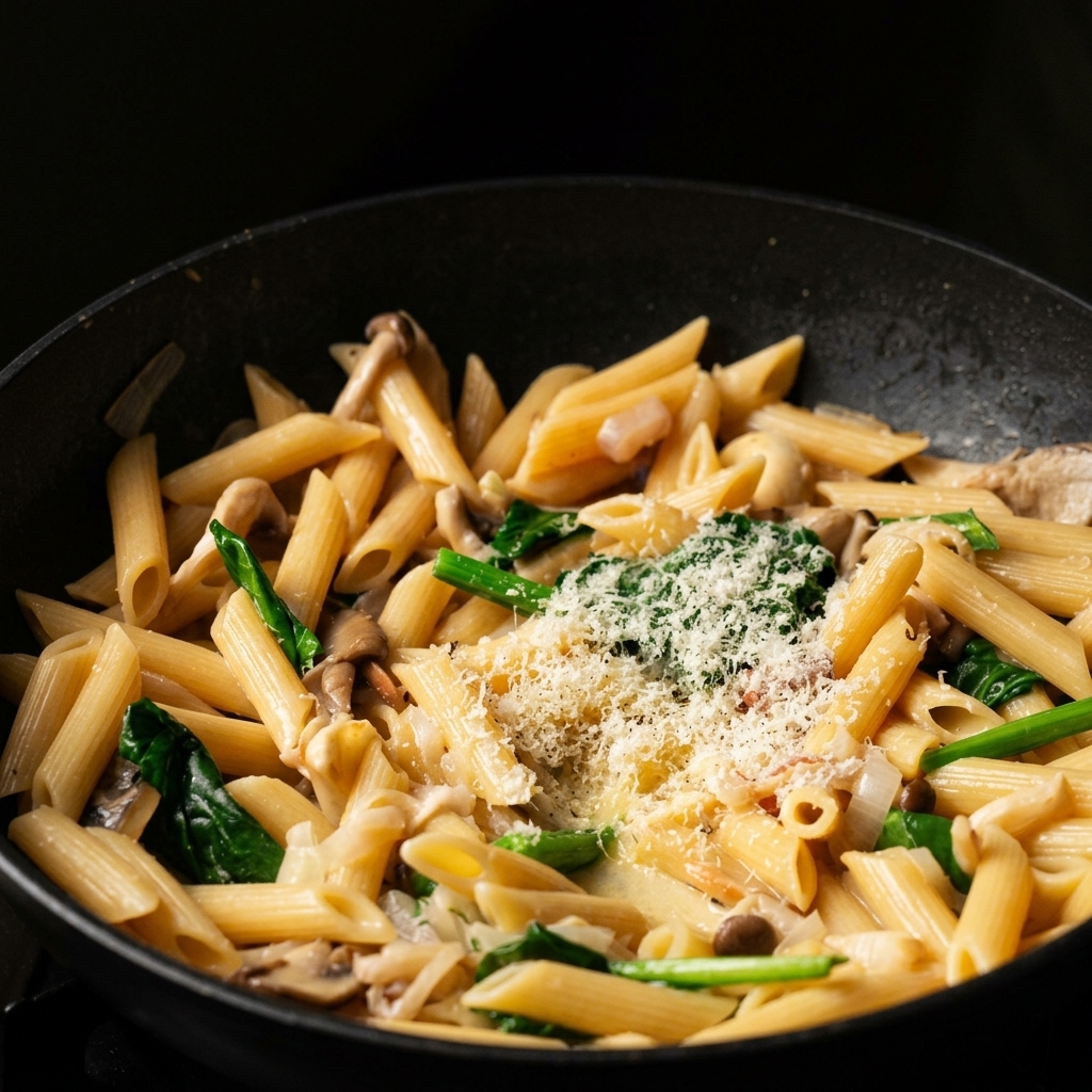 A generous mound of grated parmesan cheese and specks of black pepper resting on top of cooked creamy mushroom and spinach penne in a black pan.
