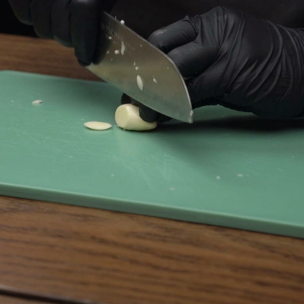 Hands wearing black gloves slicing a clove of garlic on a green cutting board.