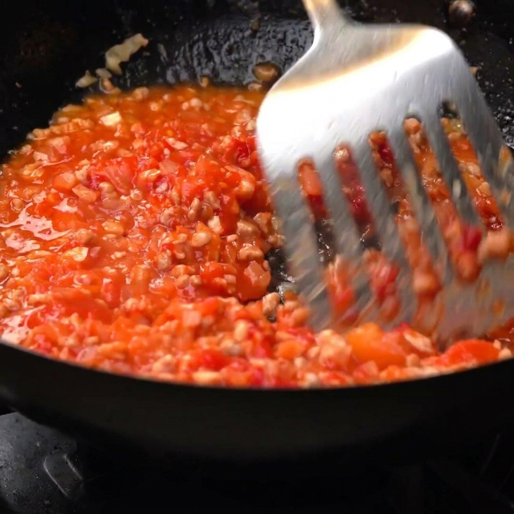 A metal slotted spatula stirring a bubbling tomato and meat sauce in a dark pan.