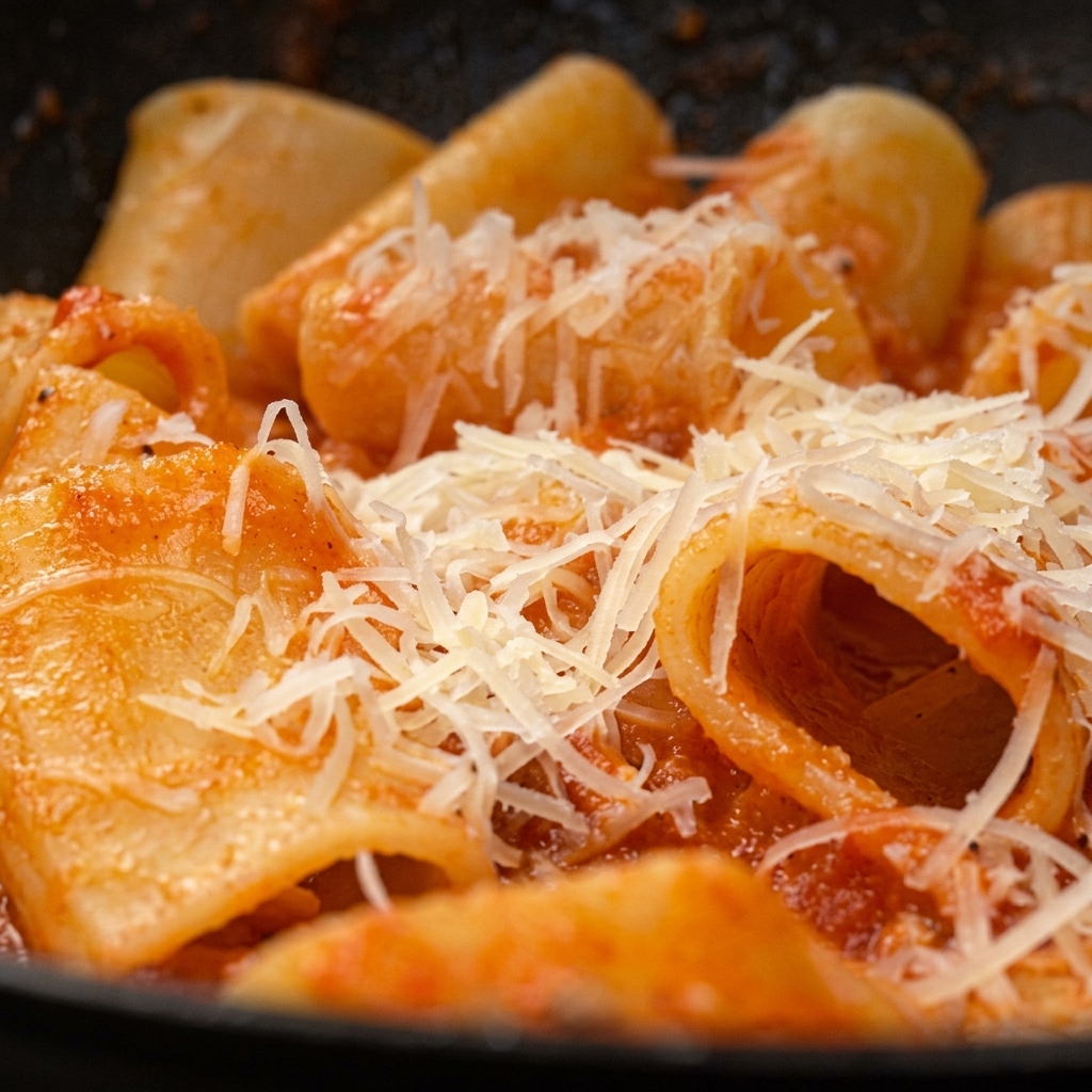 Close-up of grated cheese being sprinkled over a pan of tomato-sauced paccheri pasta.