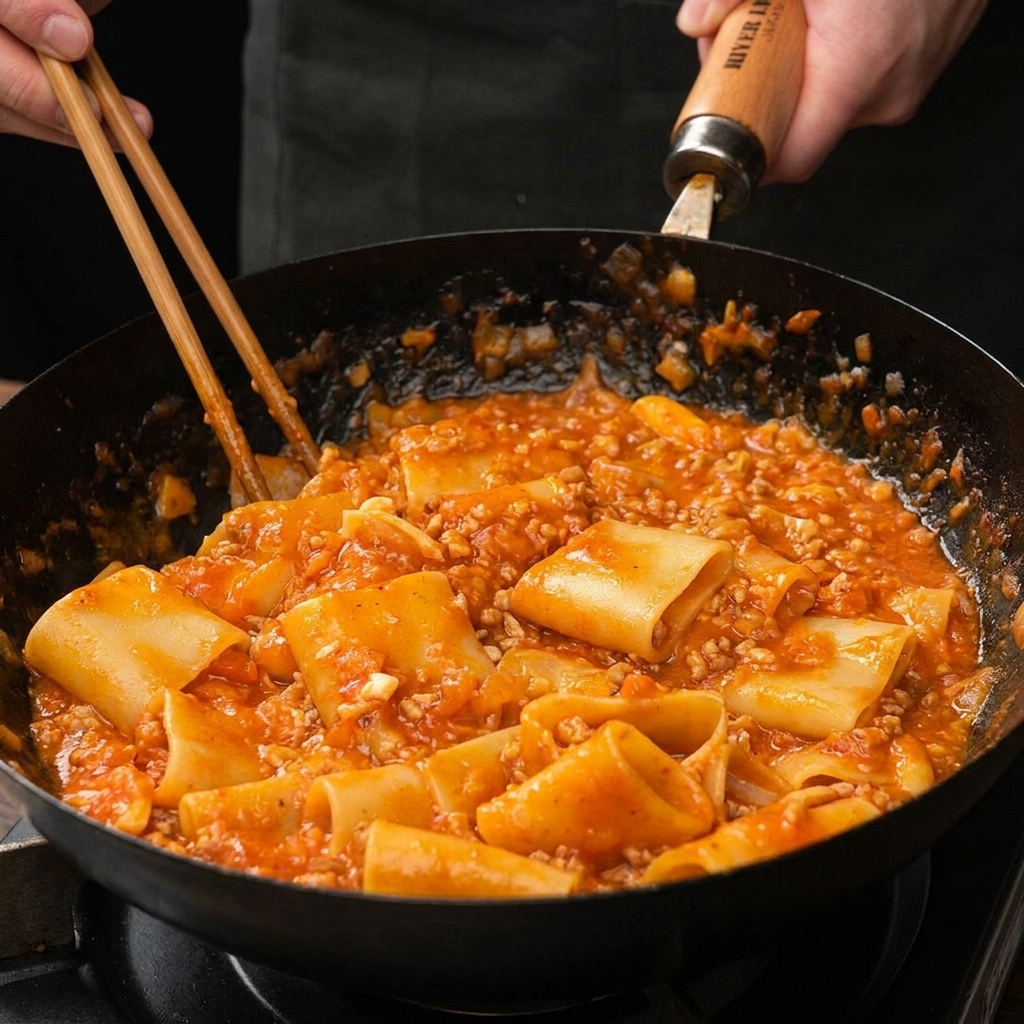 Tossing cooked paccheri pasta with a meat-based tomato sauce in a pan using wooden chopsticks.