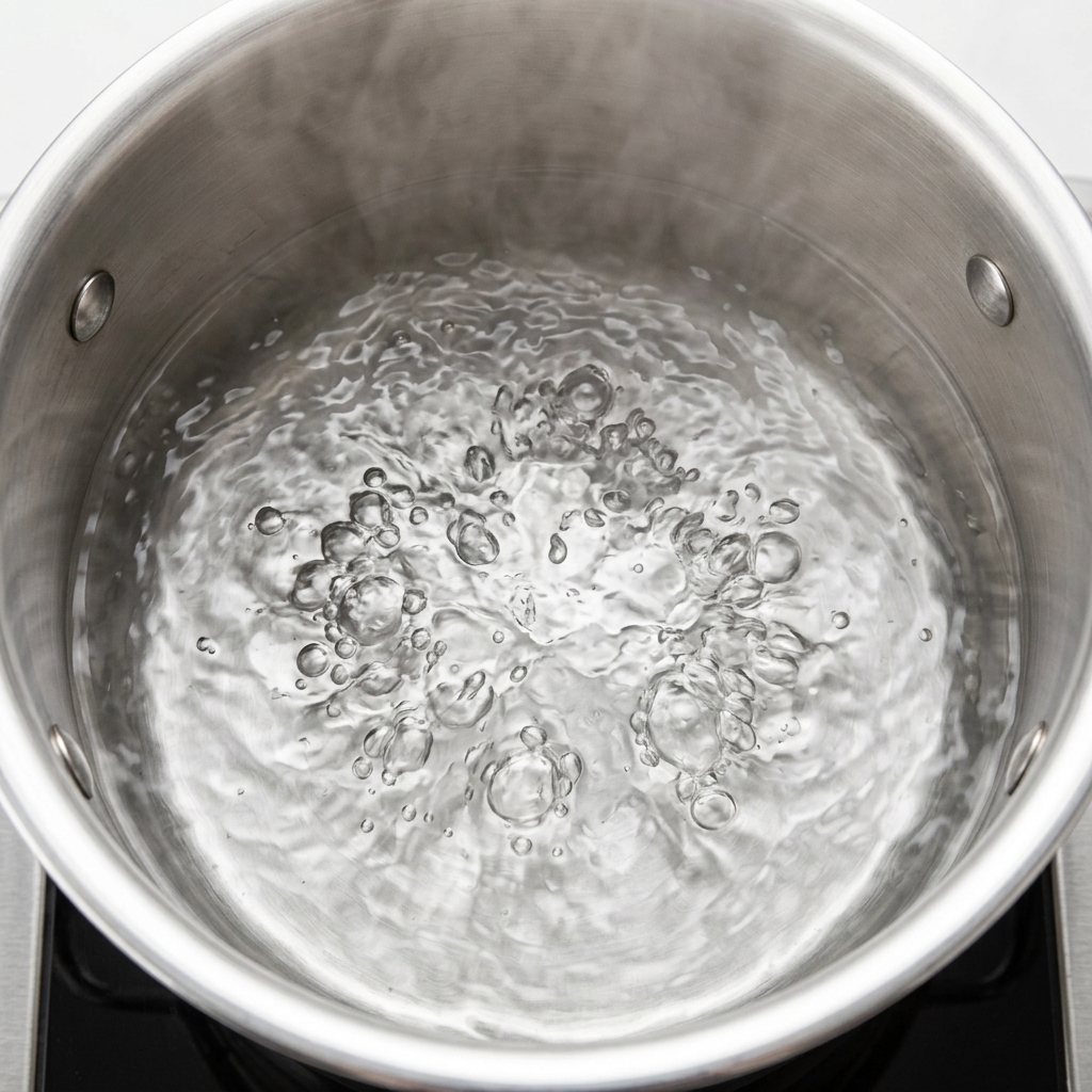 Two eggs gently poaching in a pot of hot water.