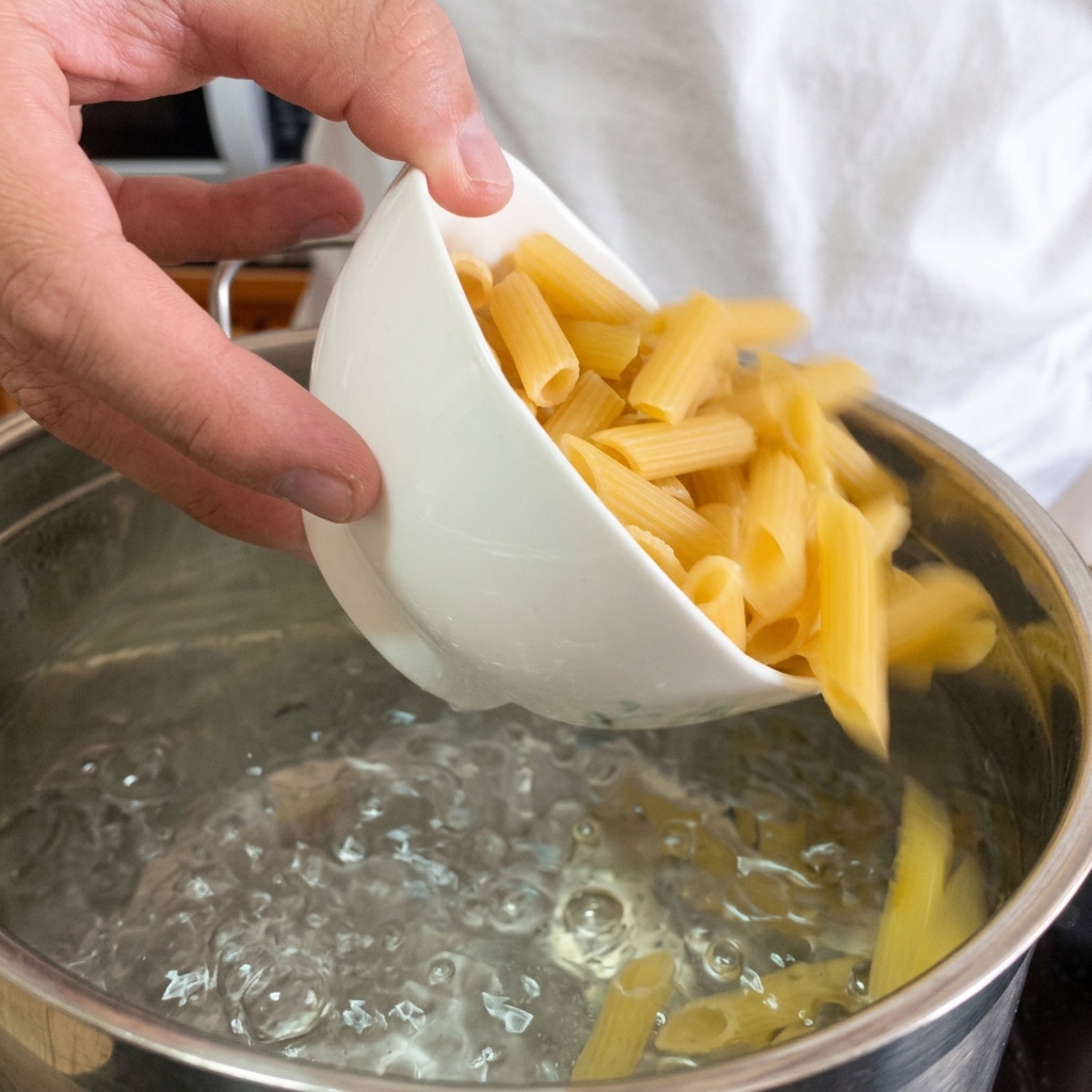 Heavy cream being poured into a pan with sautéed mushrooms and onions to create a thick sauce.