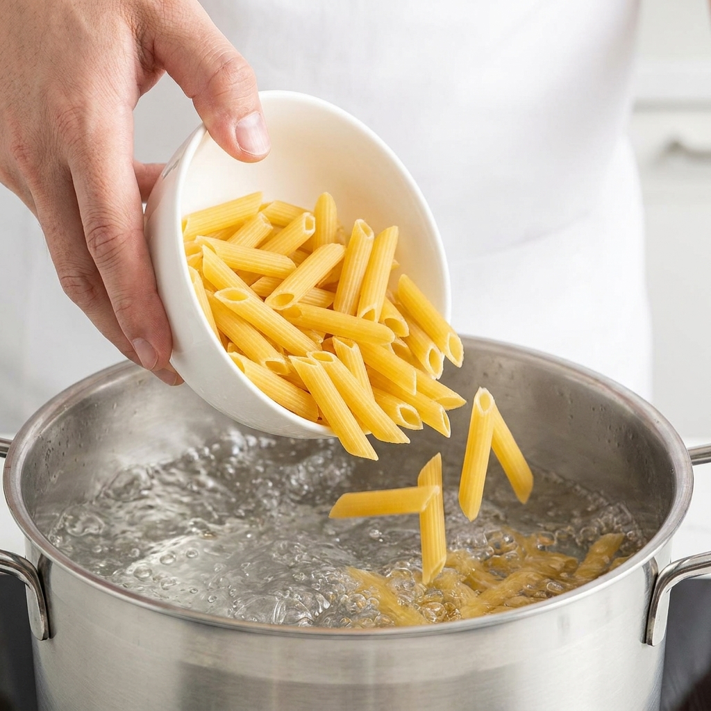 Cooked penne pasta tossed into a pan with creamy mushroom sauce and grated Parmesan.