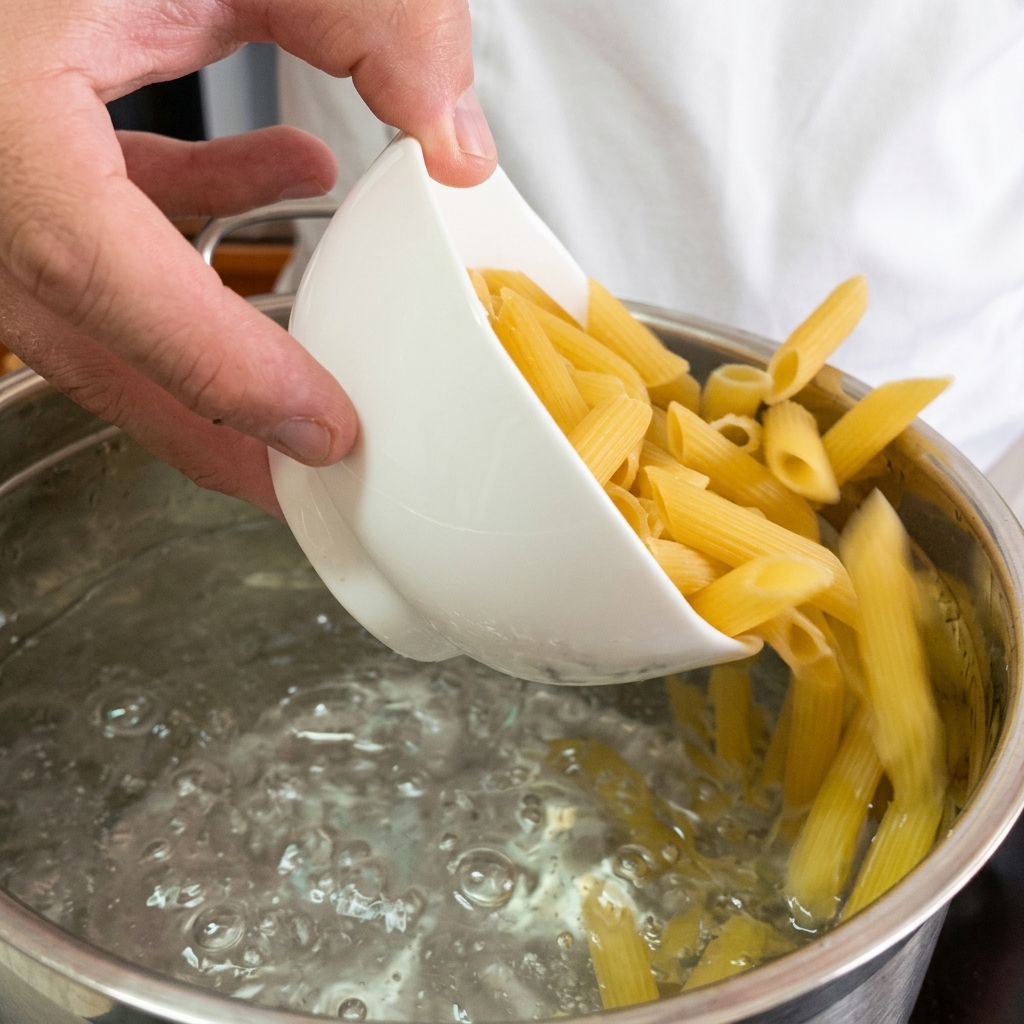 Cooked penne pasta being tossed in a creamy mushroom sauce with grated Parmesan cheese in a pan.