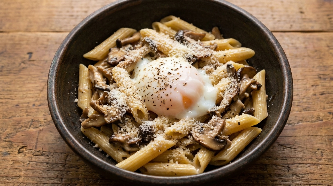 Creamy Mushroom Penne with Hot Spring Egg