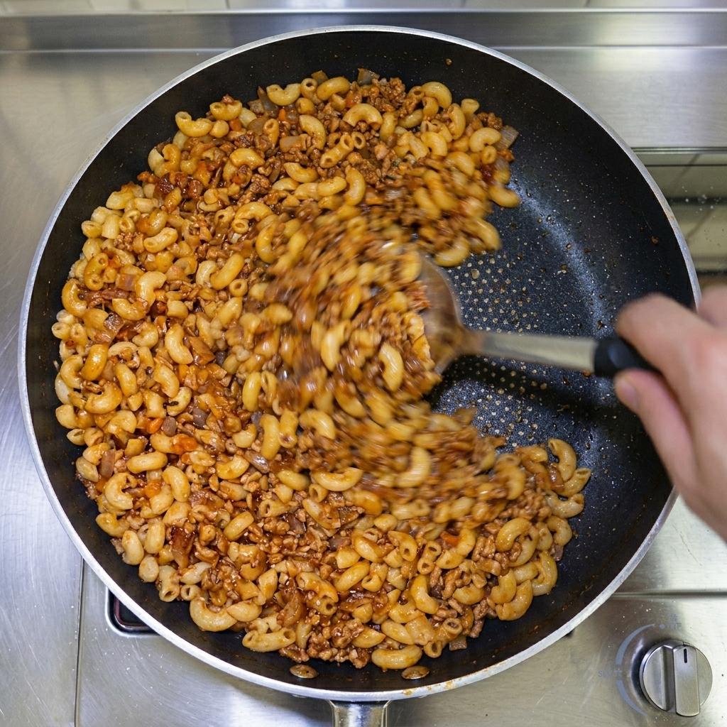 Cooked macaroni and vegetable mixture being stir-fried and coated with dark black pepper sauce in a pan.