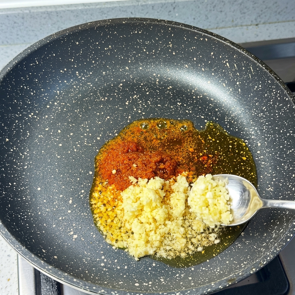 A spoonful of minced garlic alongside red chili paste cooking in hot oil inside a speckled frying pan.