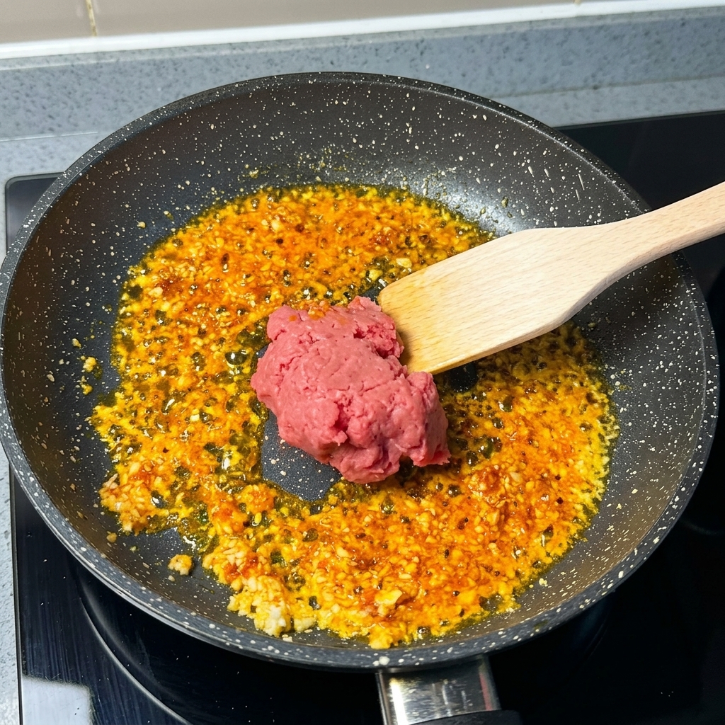 Raw pink minced pork on a wooden spatula being added to a pan of reddish garlic and chili oil.