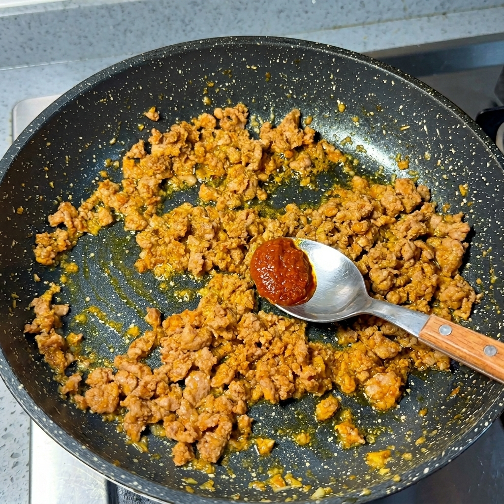 A metal spoon holding a dollop of red miso paste over browned cooked minced pork in a pan.