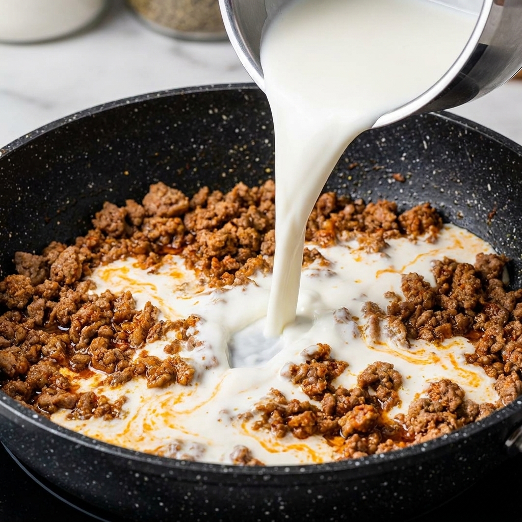 White milk being poured from a small silver pot into a pan filled with seasoned browned minced pork.