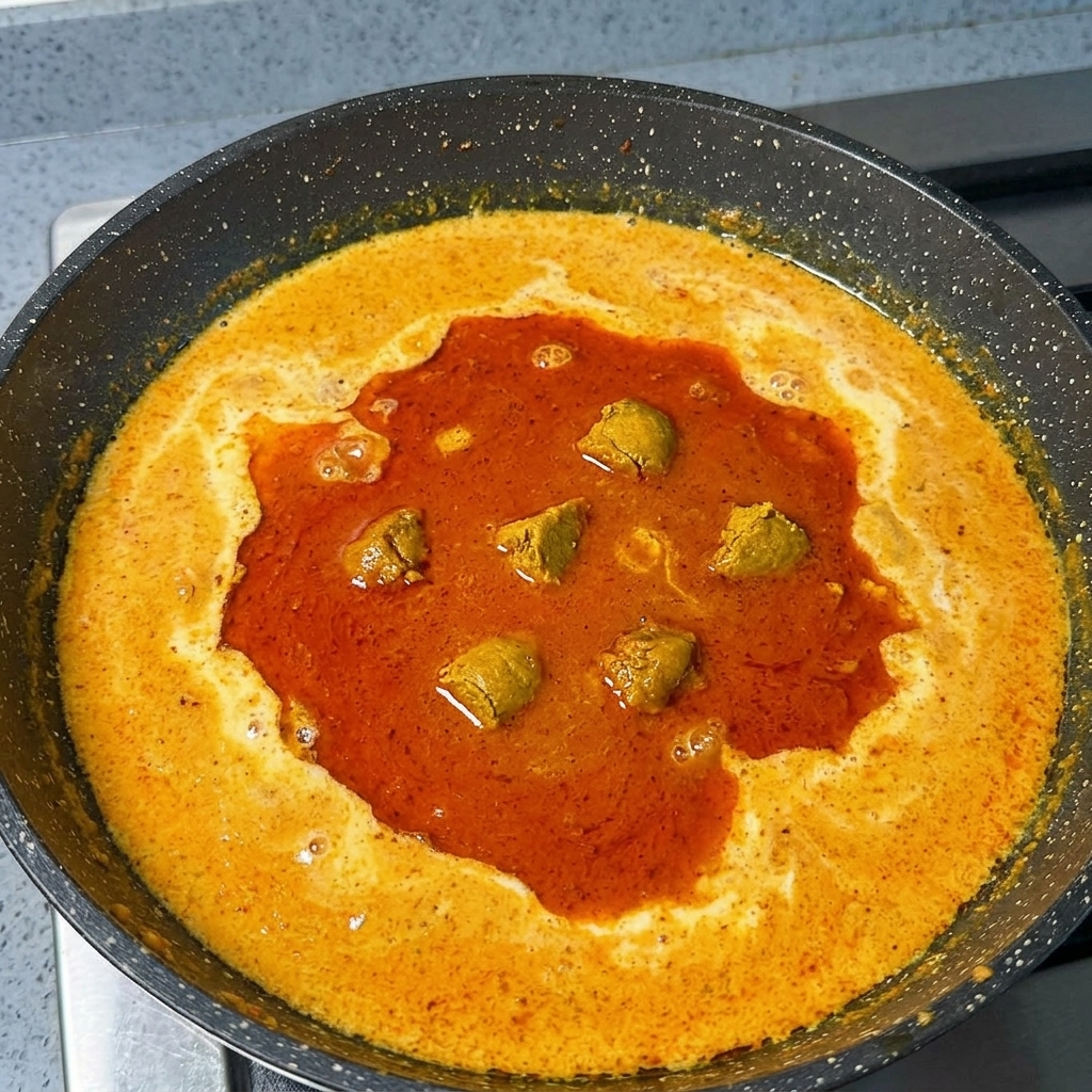 Chunks of solid golden-brown Japanese curry roux melting into an orange, creamy broth in a speckled pan.