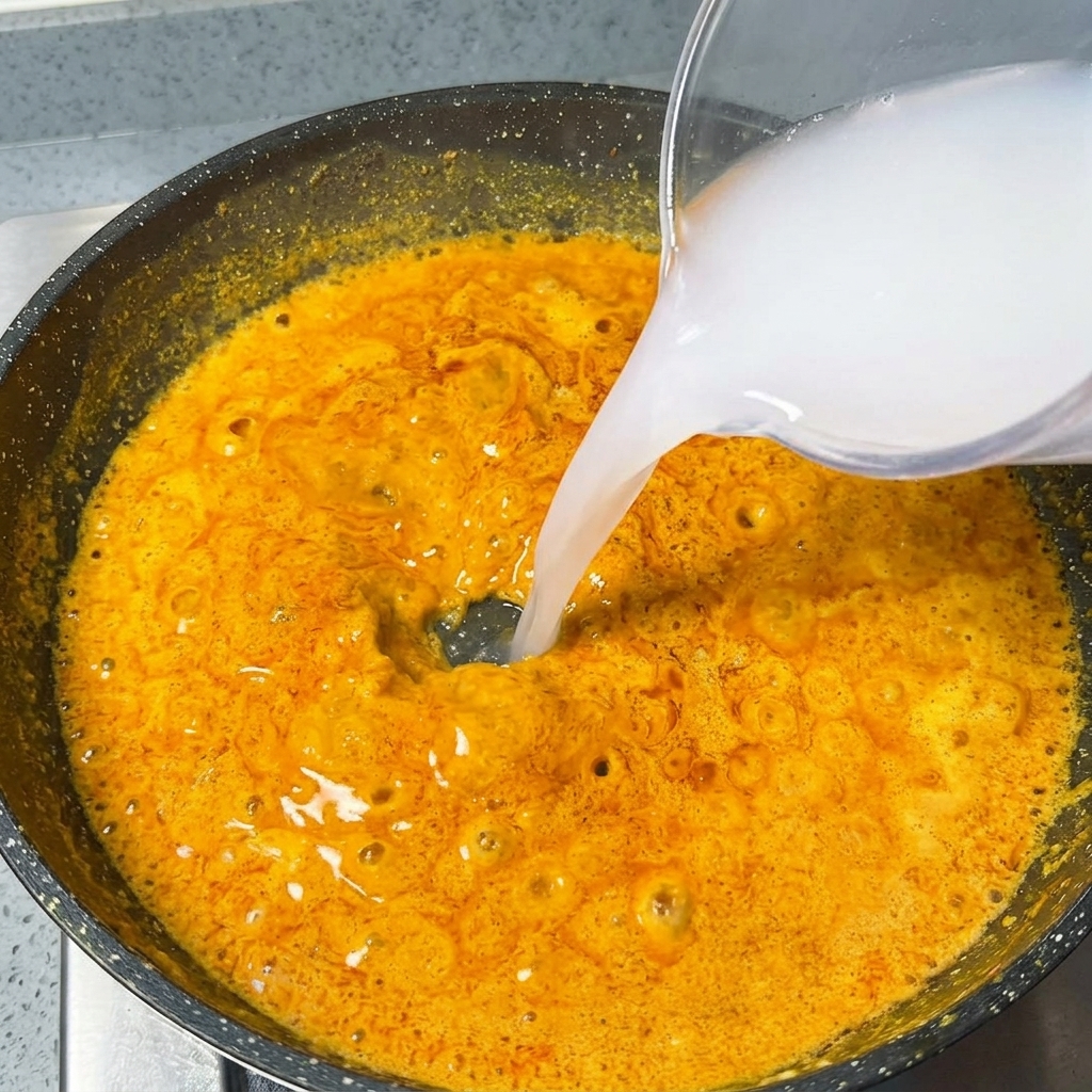 Water being poured from a clear measuring cup into a bubbling orange curry sauce inside a non-stick pan.