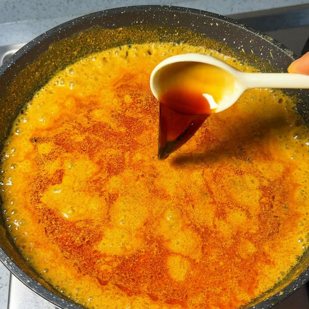 A white spoon pouring dark soy sauce into a bubbling, vibrant orange curry broth in a pan.