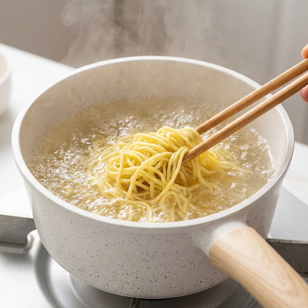 Yellow ramen noodles being lifted with wooden chopsticks while boiling in a white ceramic pot filled with bubbling hot water.