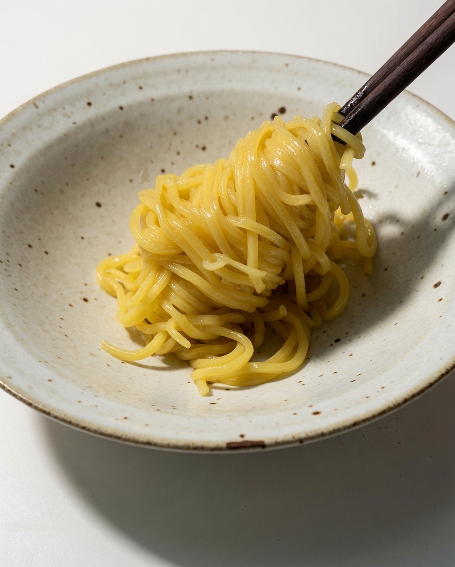 Cooked yellow ramen noodles being lifted and arranged into a speckled ceramic serving bowl with dark chopsticks.