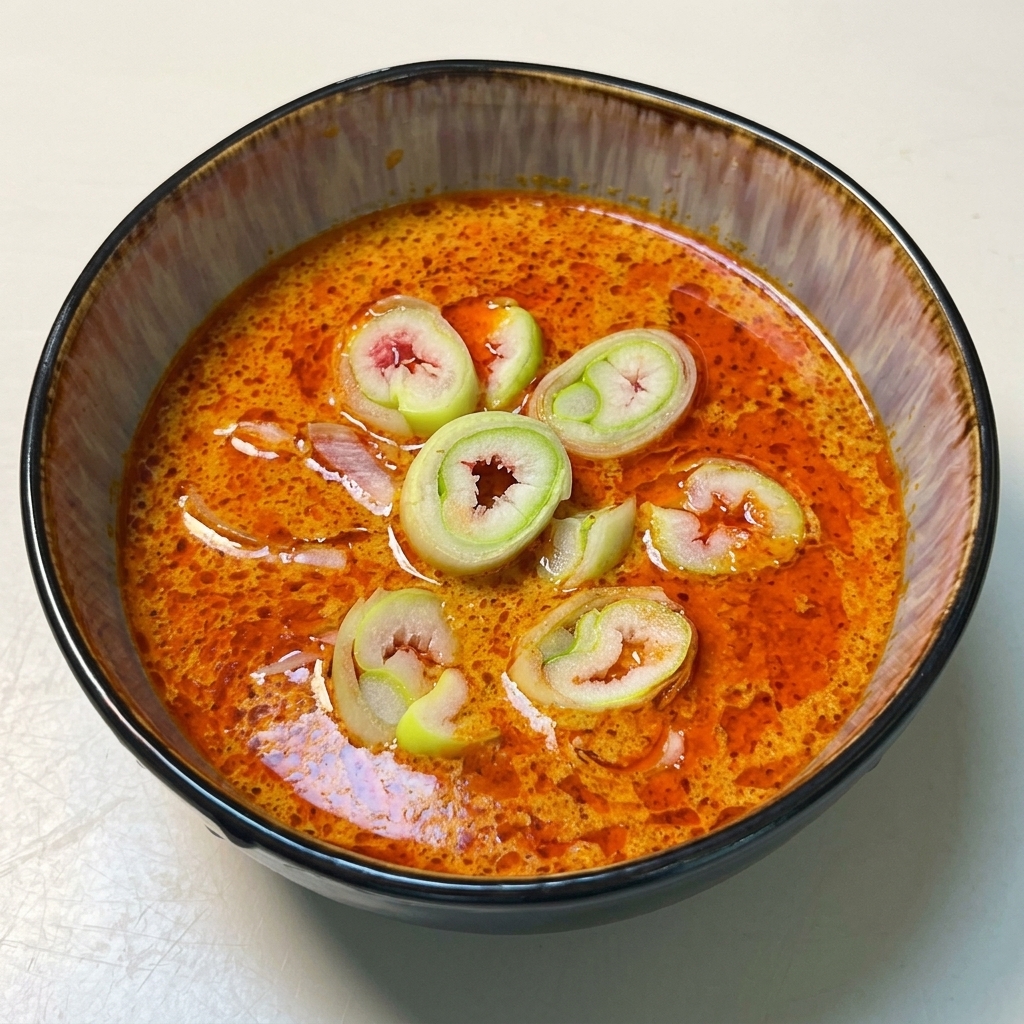 A ceramic bowl filled with vibrant orange-brown curry dipping sauce, topped with a neat cluster of freshly sliced green onions.