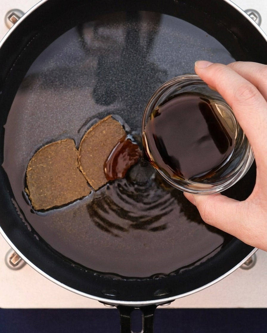 Worcestershire sauce being poured into the pan with the curry mixture.