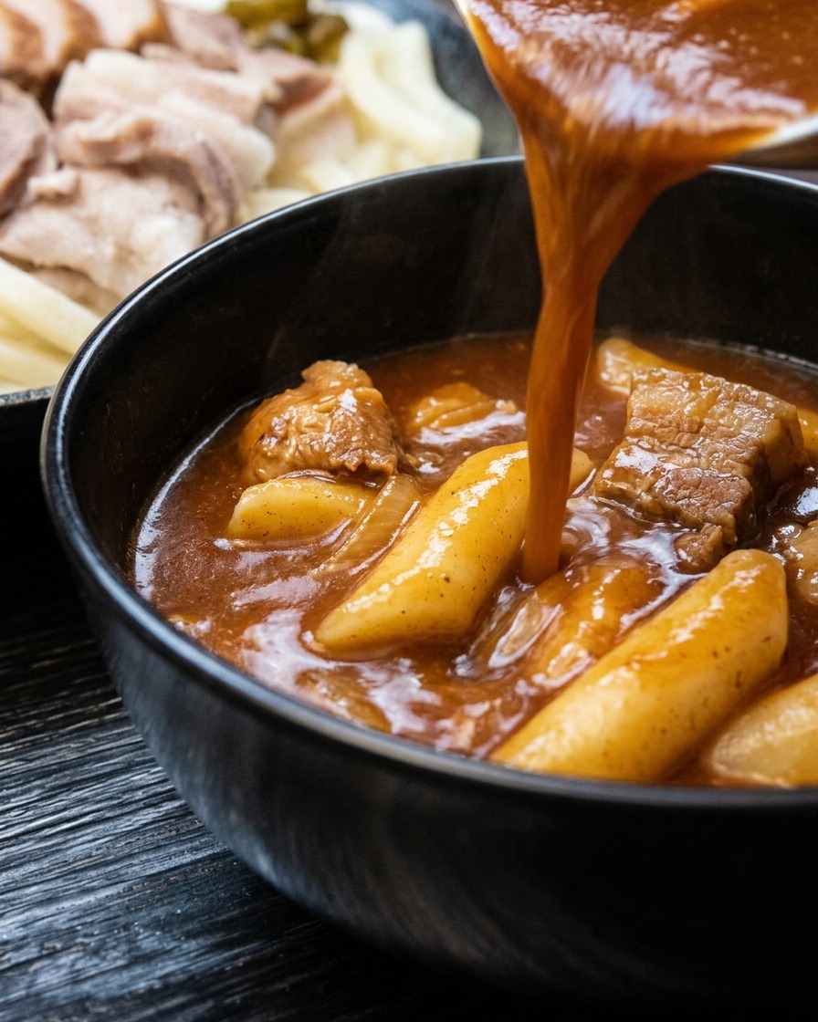 Hot curry dipping sauce being poured into a black serving bowl.