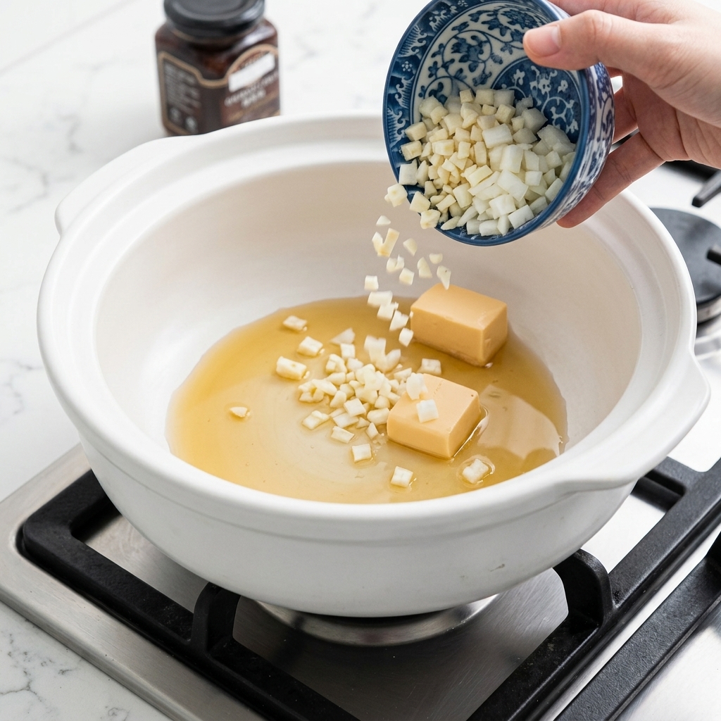 Diced onions and minced garlic being poured from a blue and white patterned bowl into a clay pot with melted butter and oil.