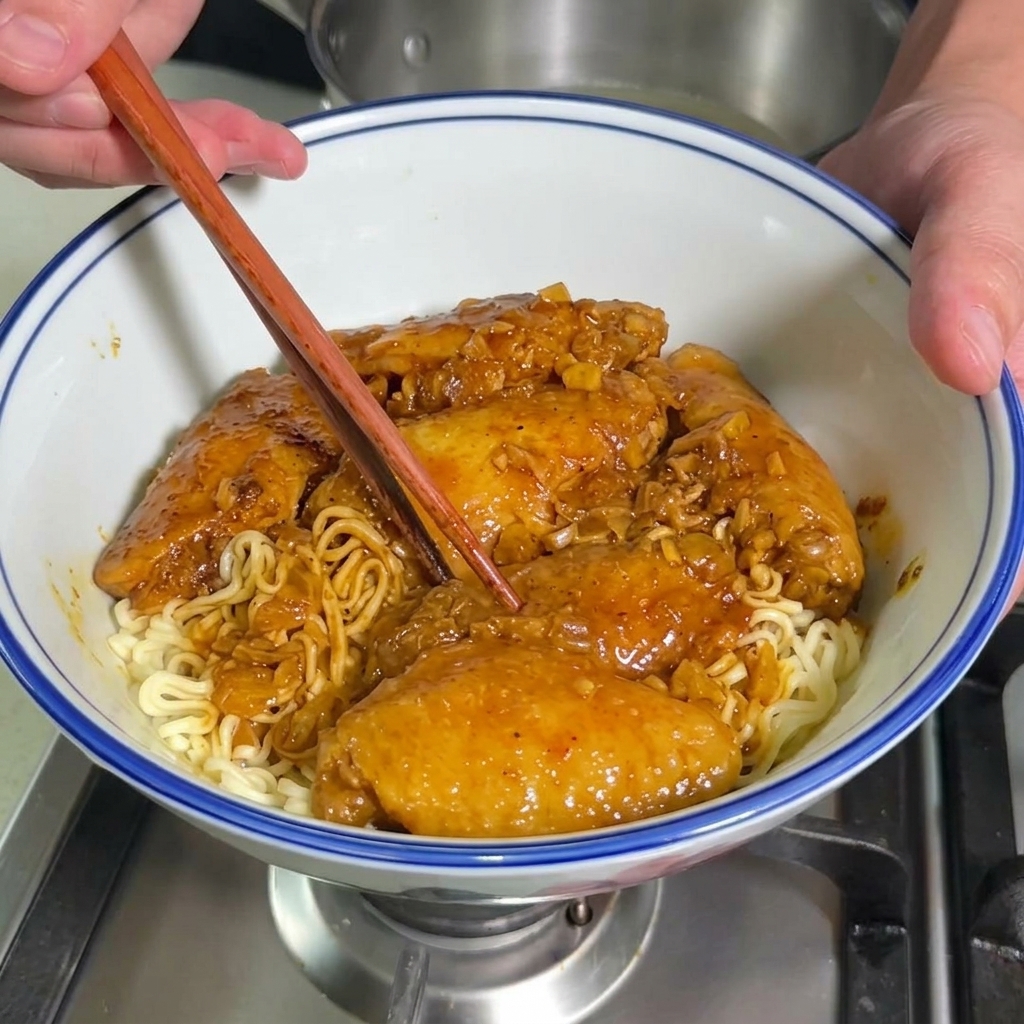 Close-up of chicken wings cooking in a rich, thick curry sauce inside a pot, with chopsticks stirring the mixture.