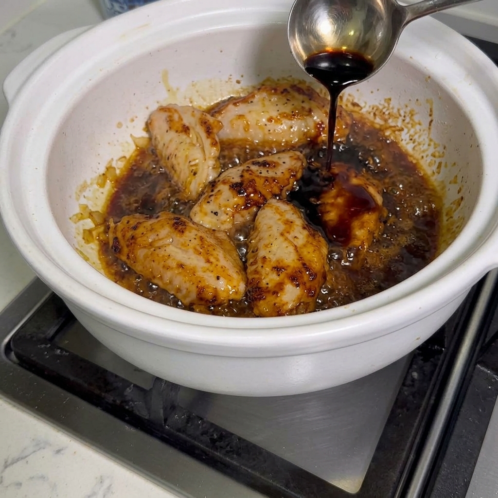 Soy sauce being poured into the pot with the chicken wings.