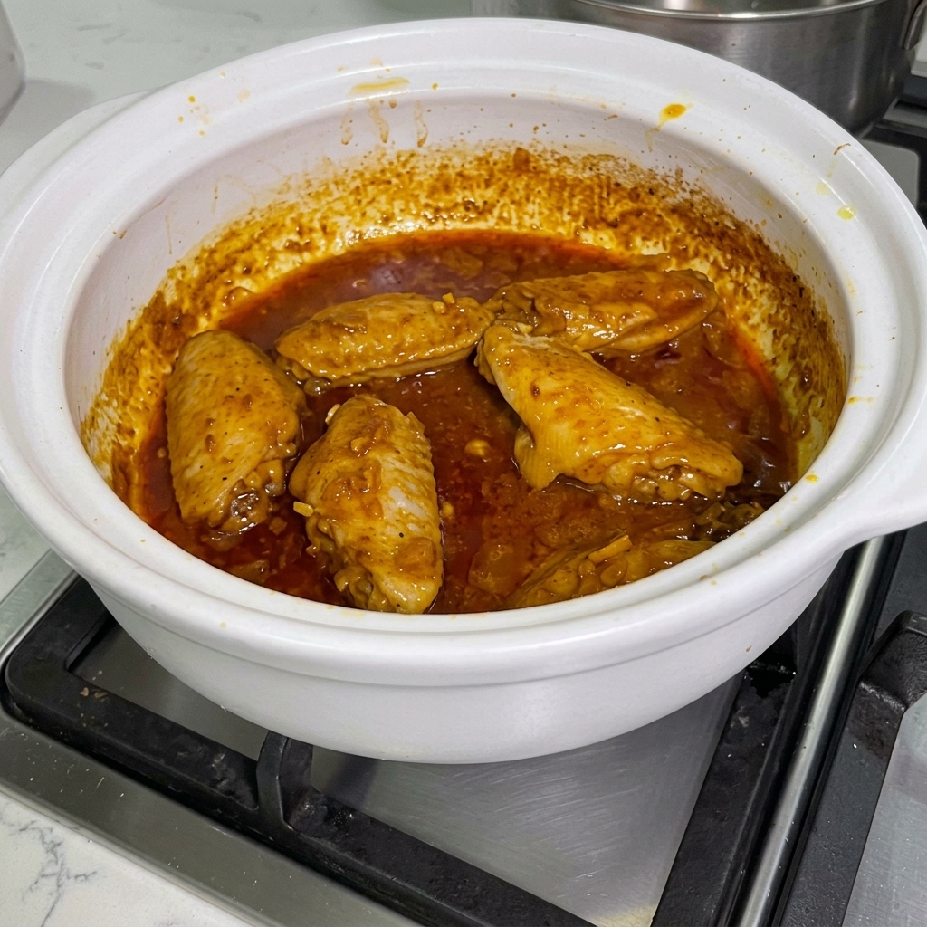 Satay sauce being stirred into the curry-coated chicken wings in the pot.