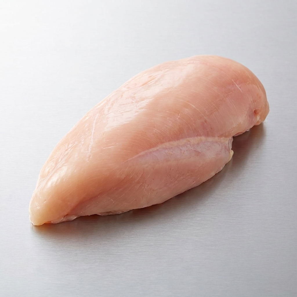 A raw chicken breast lying on a metallic surface, seasoned with visible specks of black pepper and garlic paste.