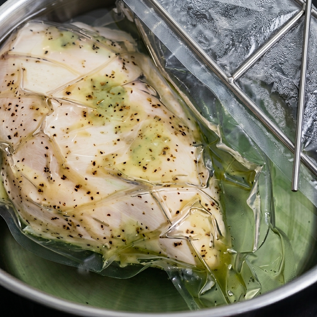 A large stockpot filled with boiling chicken broth, featuring whole chicken parts and aromatics being stirred.
