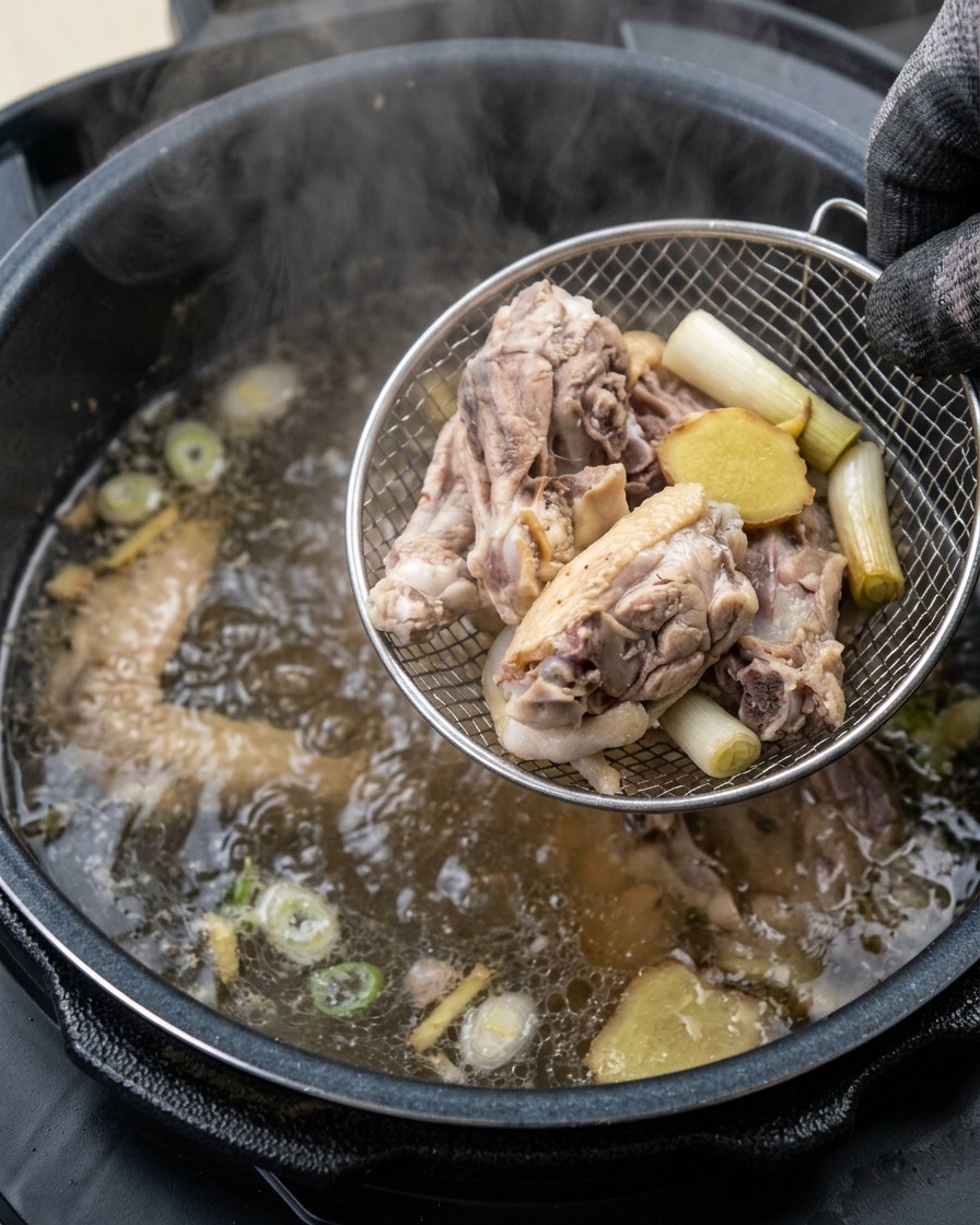 A mesh skimmer holding blanched chicken parts over a pot of boiling water