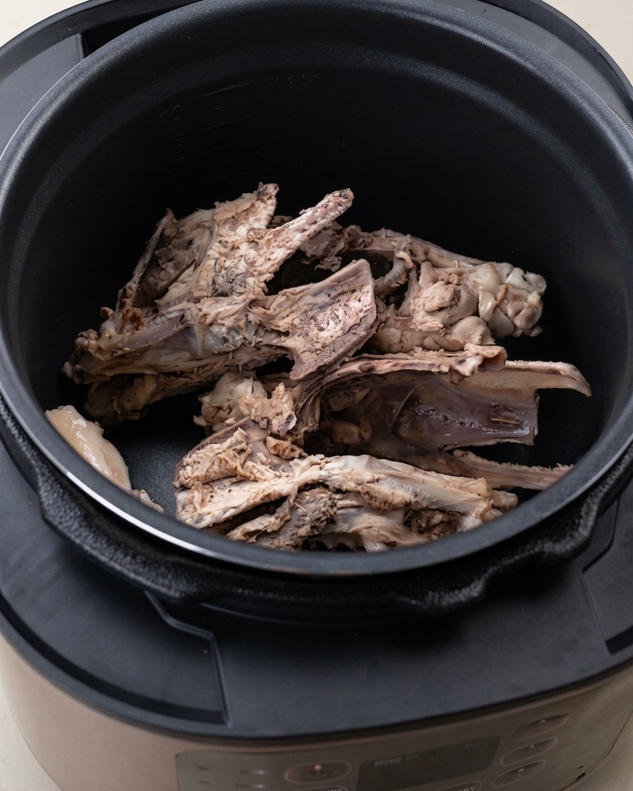 Chicken bones and aromatics like onion and ginger inside the pressure cooker pot