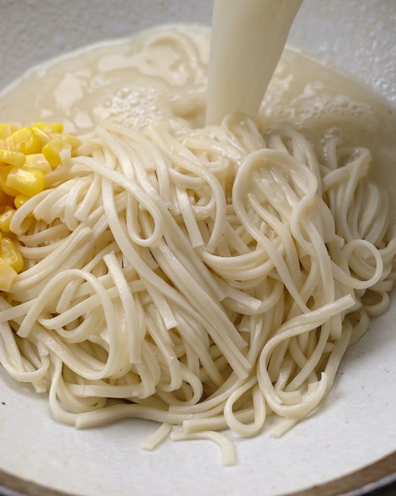 Rich creamy chicken broth being poured over a bowl of cooked ramen noodles topped with sweet corn