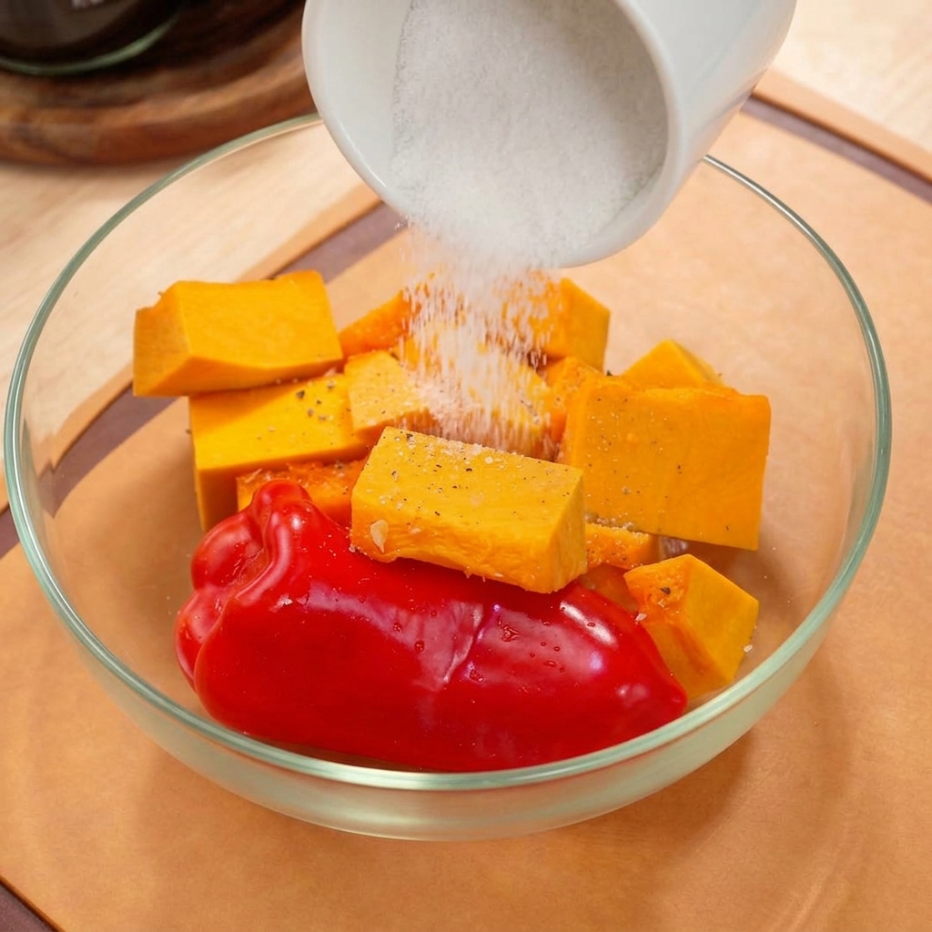 Pumpkin chunks and a whole red bell pepper in a glass bowl, being seasoned and drizzled with olive oil.