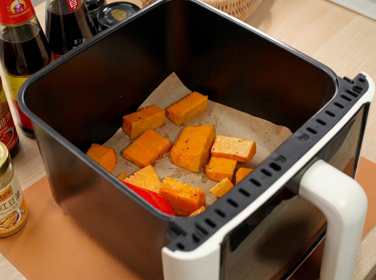 Seasoned pumpkin chunks and a red bell pepper laid out neatly in an air fryer basket.