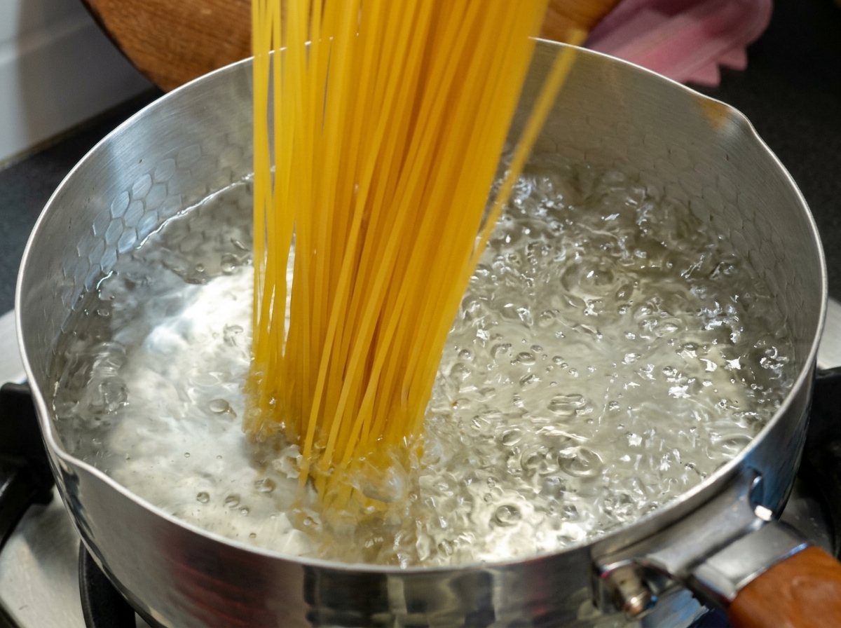 Long spaghetti noodles being lowered into a pot of bubbling, boiling water.