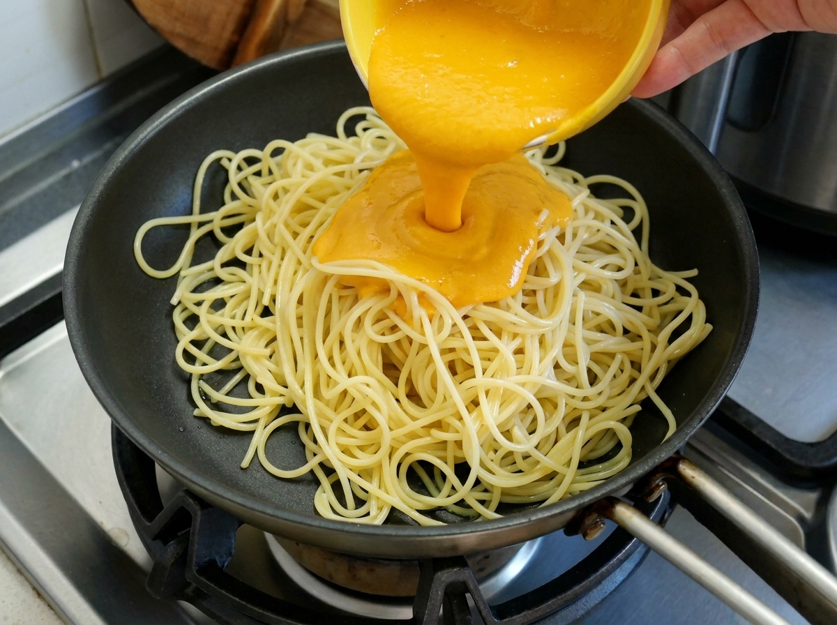 Smooth bright orange pumpkin sauce being poured from a yellow bowl over cooked spaghetti in a black pan.