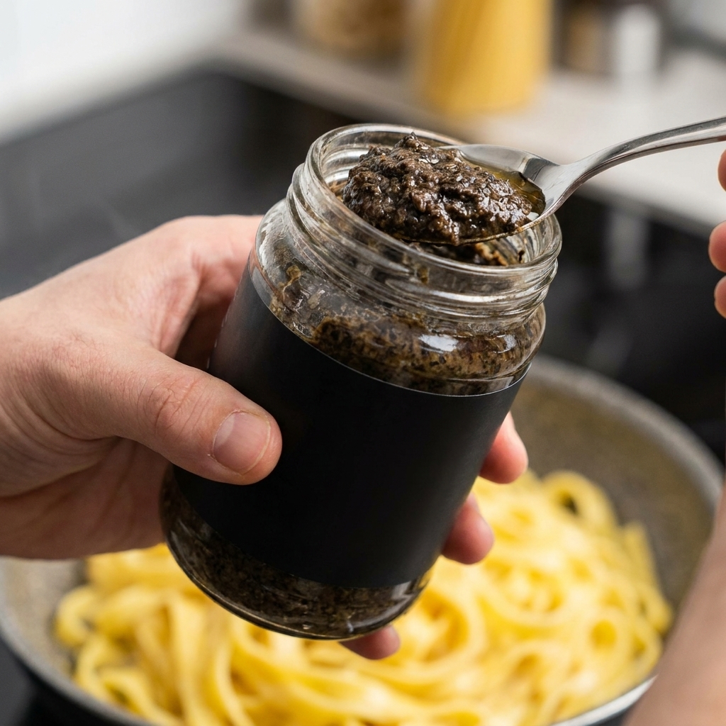 A hand holding a jar and a spoon with dark black truffle sauce over a pan of creamy pumpkin pasta.
