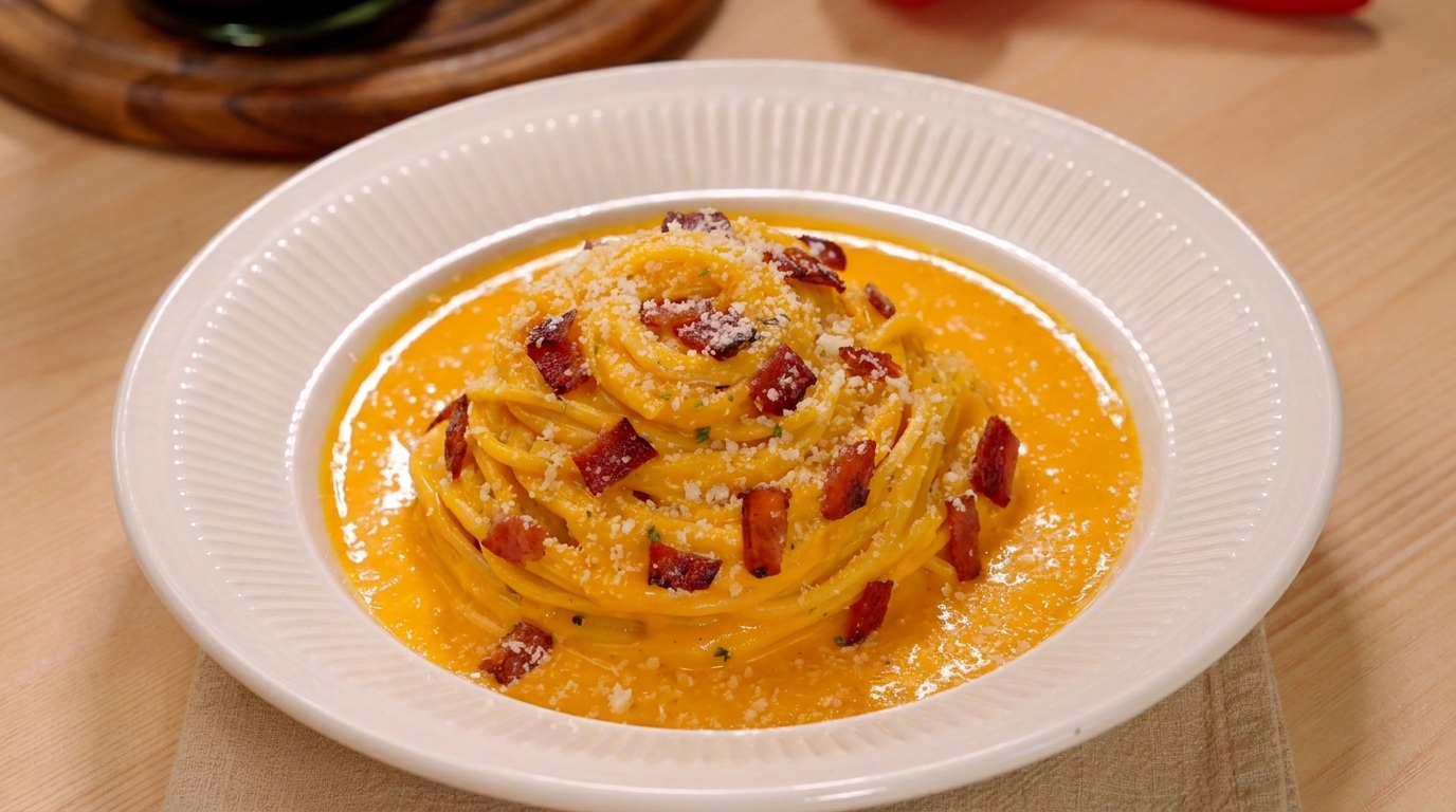 Creamy Roasted Pumpkin Pasta with Crispy Bacon