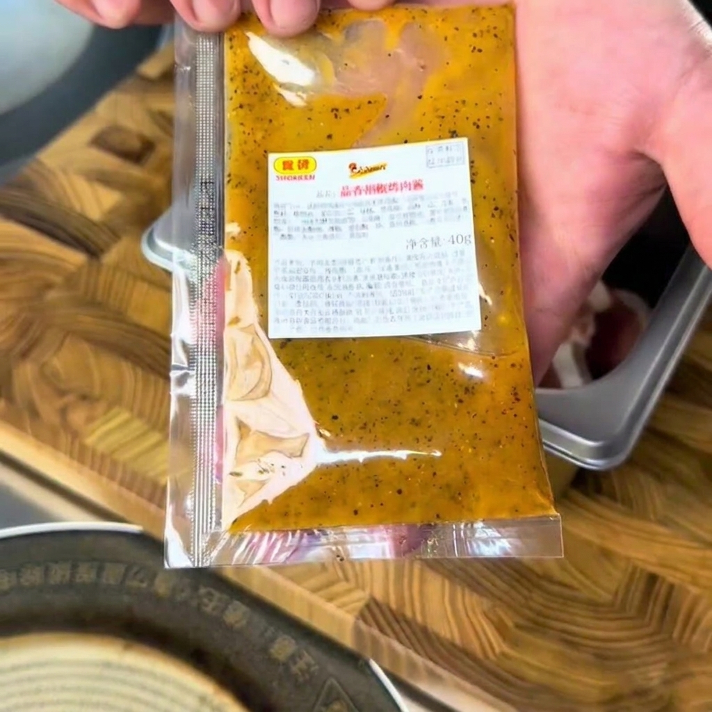 A packet of Garlic Pepper BBQ sauce being squeezed over raw beef slices in a metal prep container.