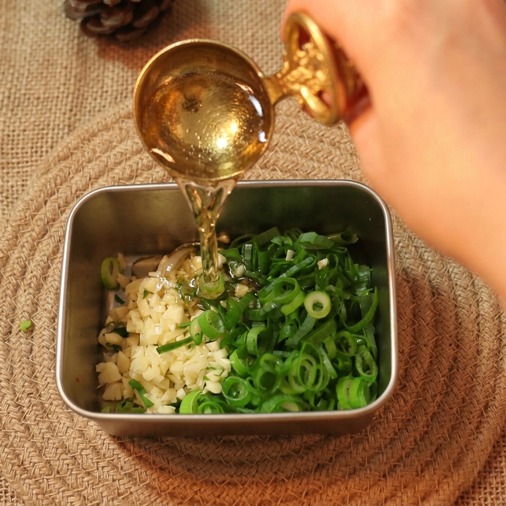 Hot oil being poured from a golden spoon over fresh chopped scallions and garlic.
