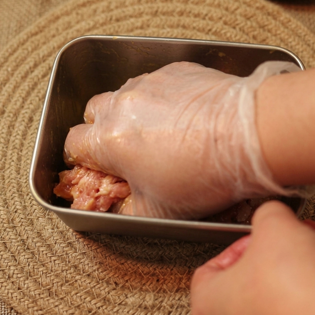 A gloved hand thoroughly massaging a raw egg yolk into sliced beef strips.