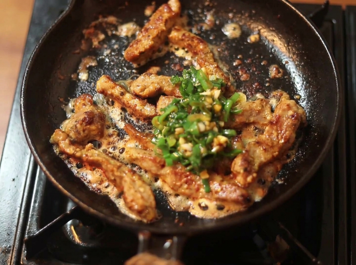 Dark green scallion and garlic oil sauce poured over browned beef strips in a hot cast-iron pan.
