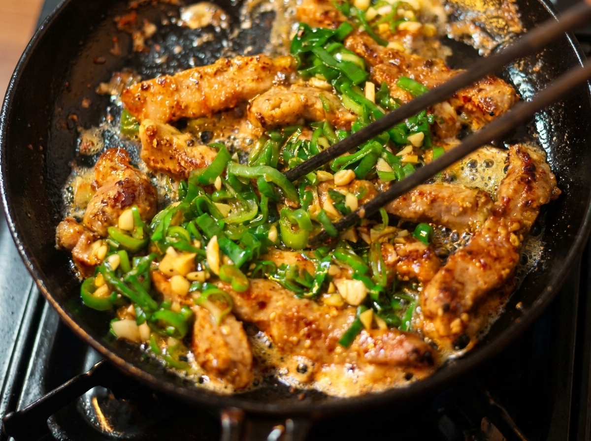 Chopsticks stirring cooked beef strips and green scallion sauce together in a sizzling pan.