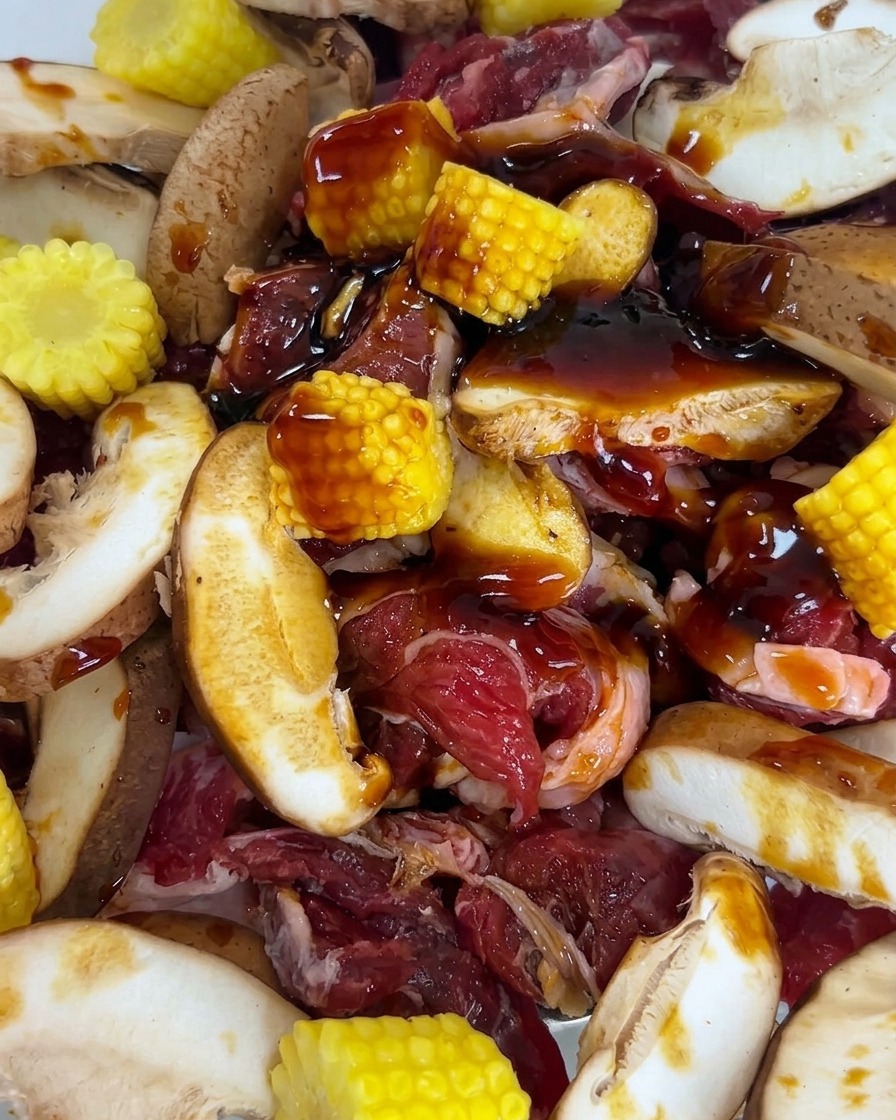 Salt, sugar, black pepper, and minced garlic scattered over the marinated beef and vegetables.